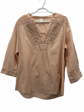 Bila Peach Embroidered Pintuck Cotton V-Neck Tunic